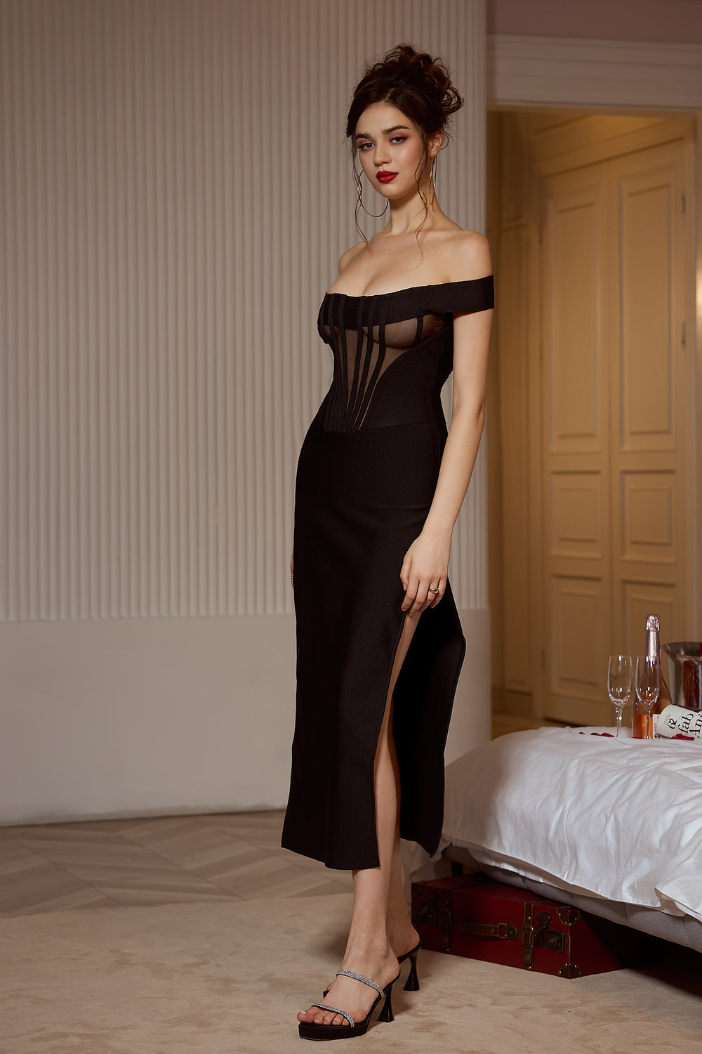 Sesidy Mikayla Off Shoulder Translucent Evening Dress in Black