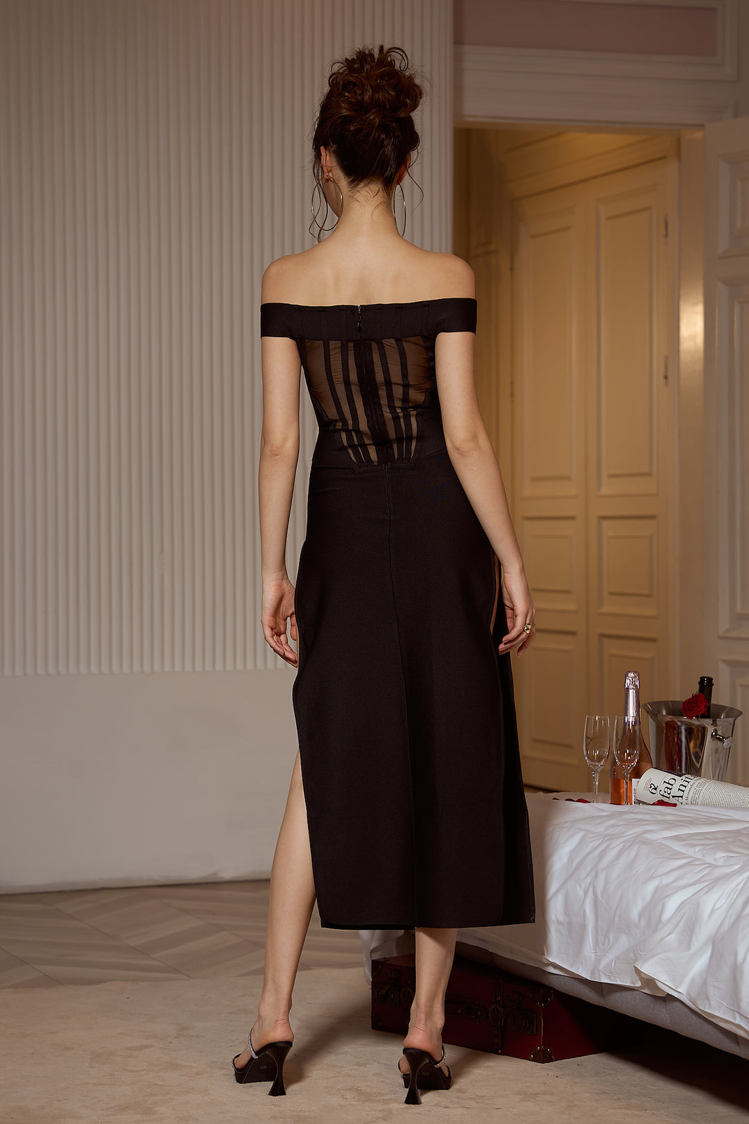 Sesidy Mikayla Off Shoulder Translucent Evening Dress in Black