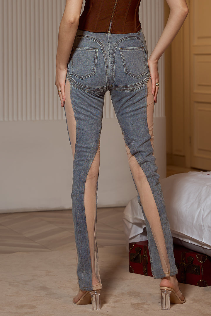 Sesidy Goffney High-waisted Mesh Panel Denim Jeans in Blue