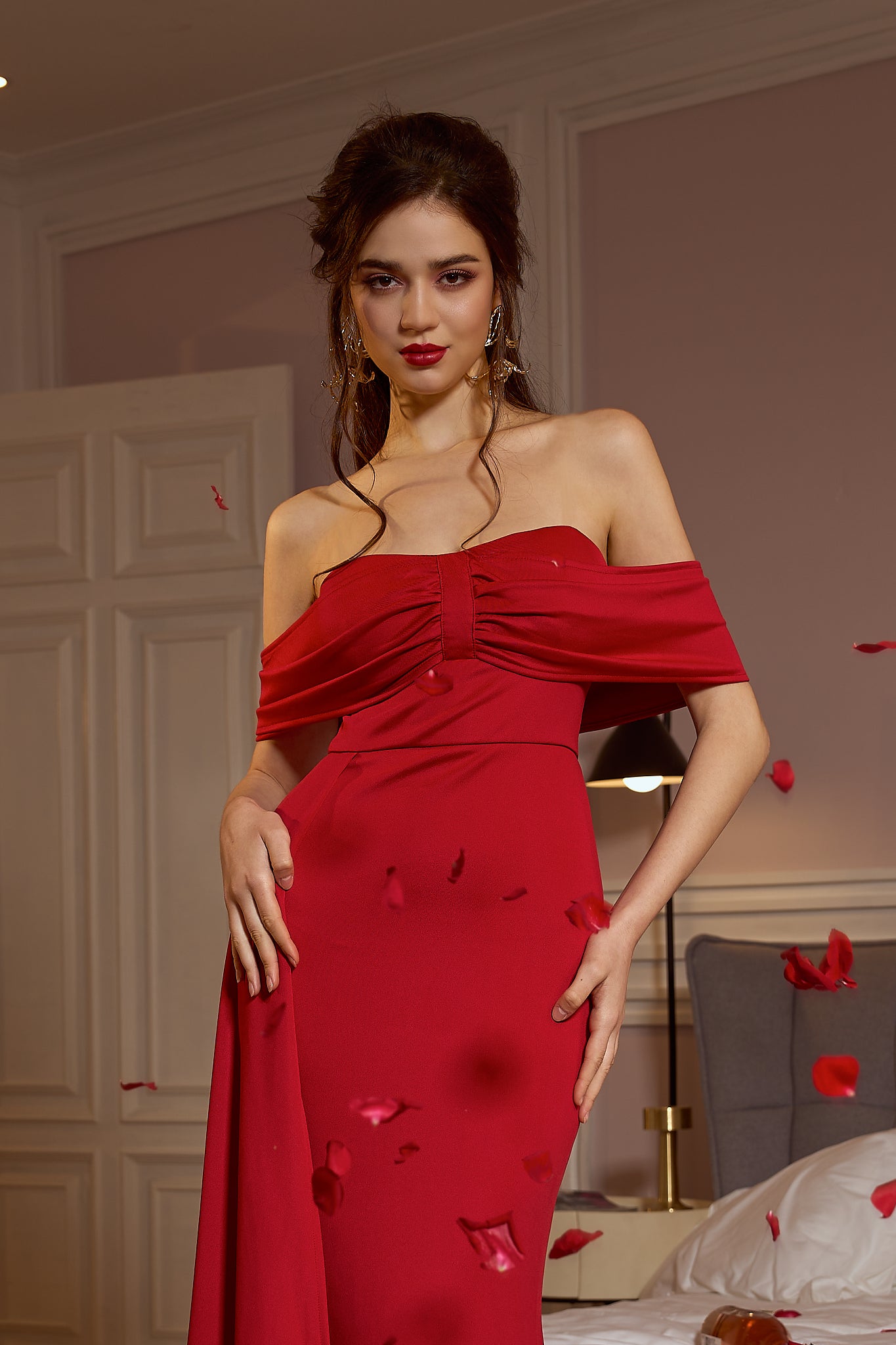 Red flowy off the shoulder dress hotsell