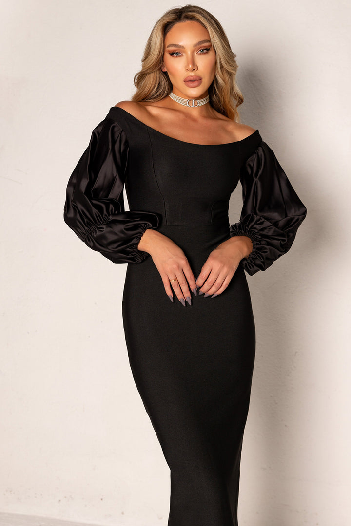 Sesidy Lydia Off Shoulder Long Sleeve Dress in Black