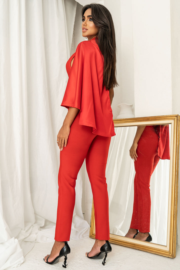 Sesidy Viridis Halter Deep V Draped Jumpsuit in Red