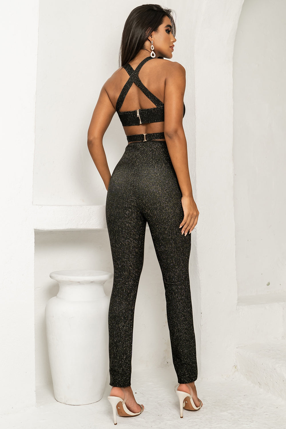 Sesidy Phedra Halter Shining Asymmetric Jumpsuit in Black