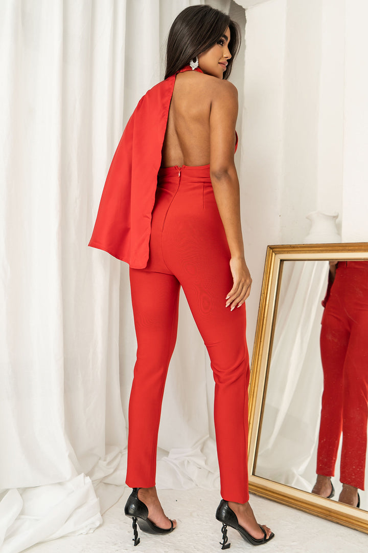 Sesidy Viridis Halter Deep V Draped Jumpsuit in Red