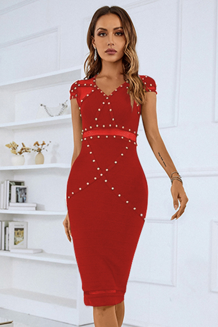 Sesidy Kaira Rivets Midi Bandage Dress in Red