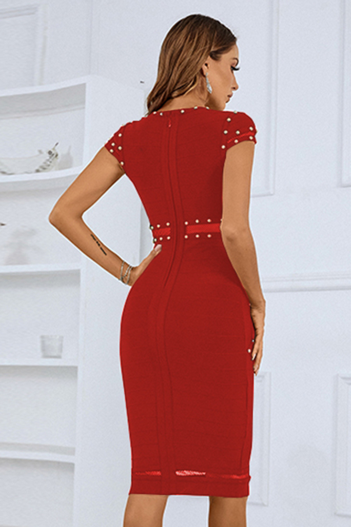 Sesidy Kaira Rivets Midi Bandage Dress in Red