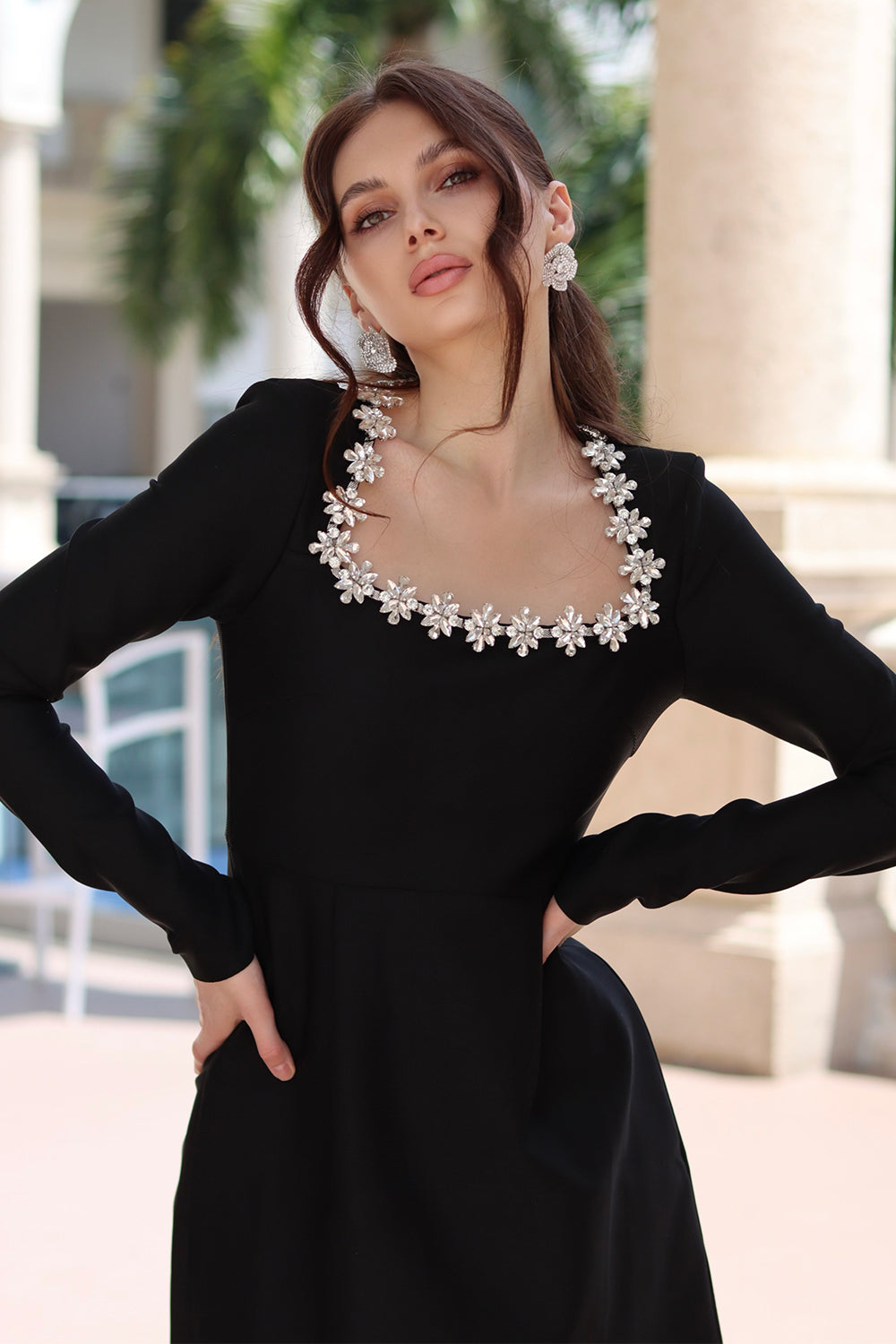 Sesidy Celeste Black Embellished Long Sleeve Bandage Dress
