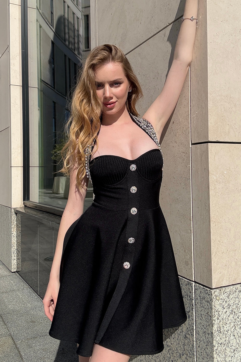 Camille Crystal Button Halter Bandage Dress