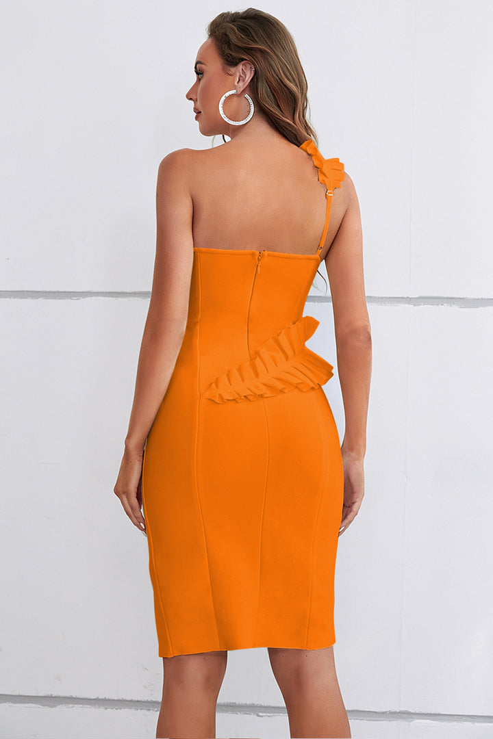 Sesidy Lecea Ruffled One Shoulder Bandage Dress in Orange