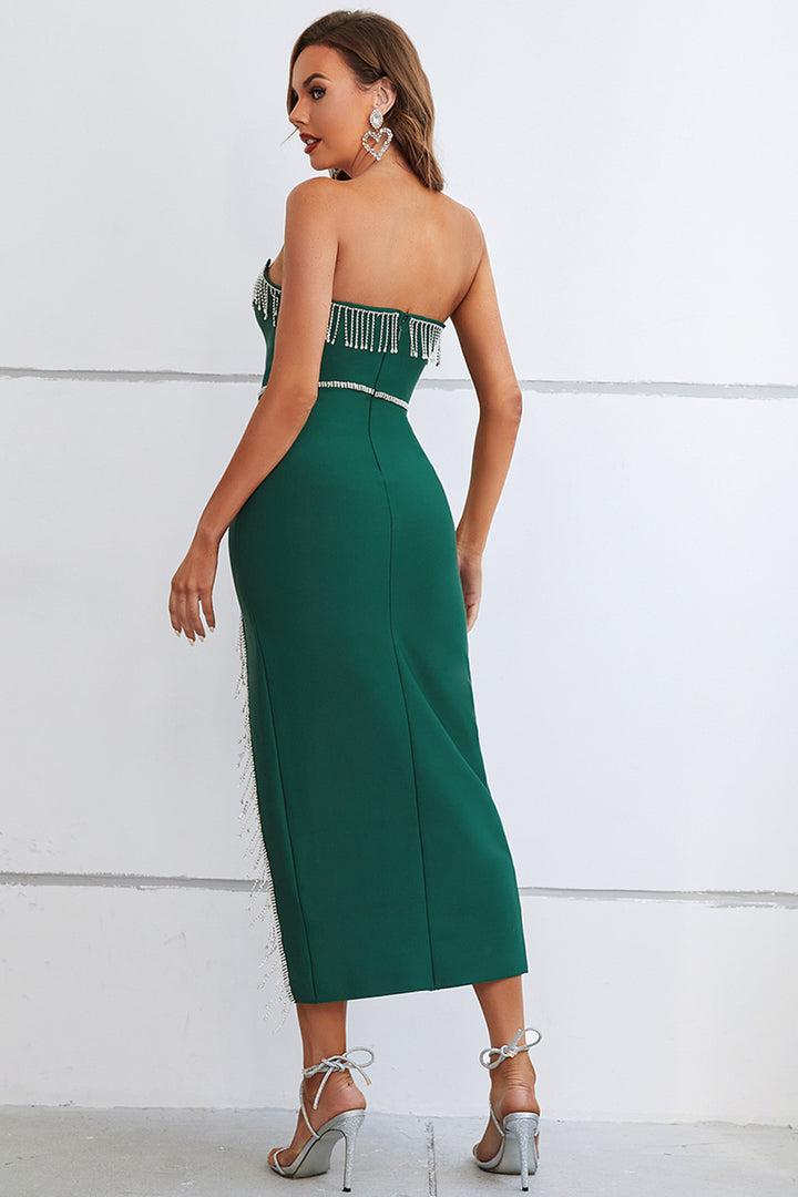 Sesidy Netany Strapless Fringe Long Slit Dress in Green