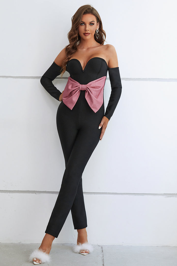Sesidy Queeni Off Shoulder Ribbon Jumpsuit in Black