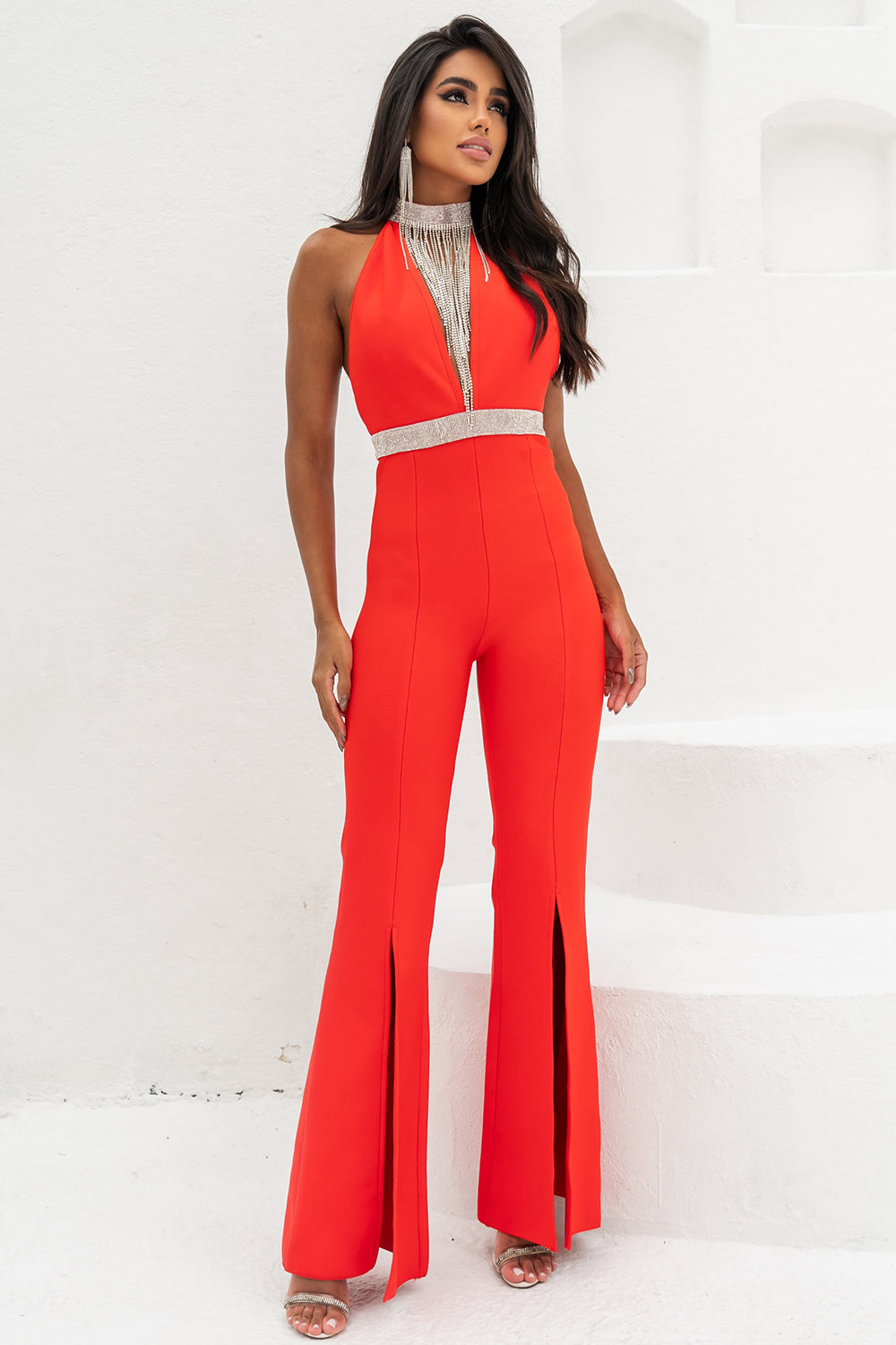 Sesidy-Cain High Neck Deep V Jumpsuit-Women's Clothing Online Store