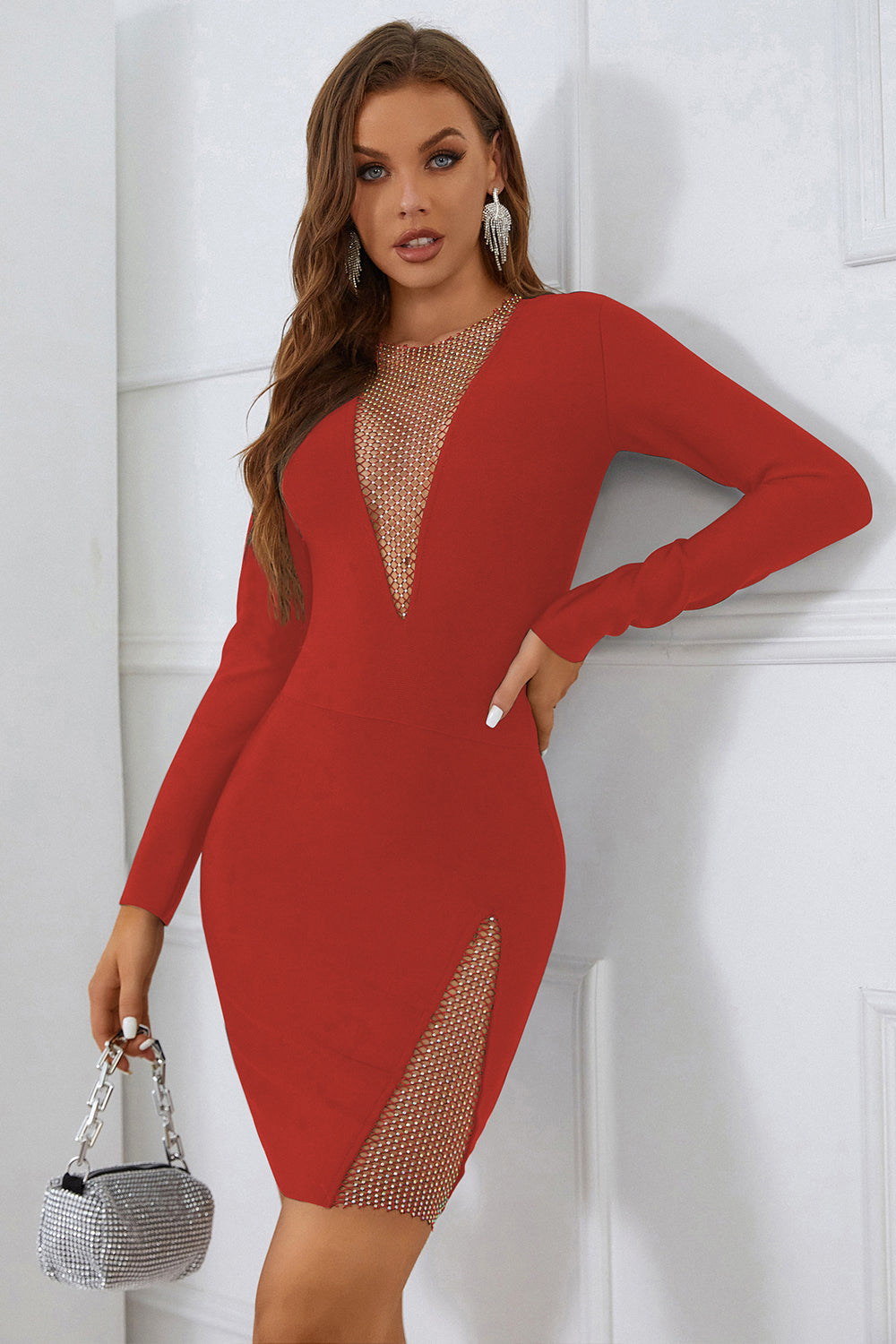 red mesh bandage dress Red bandage dress mesh flounce sleeve zip back IA VISION BOUTIQUE