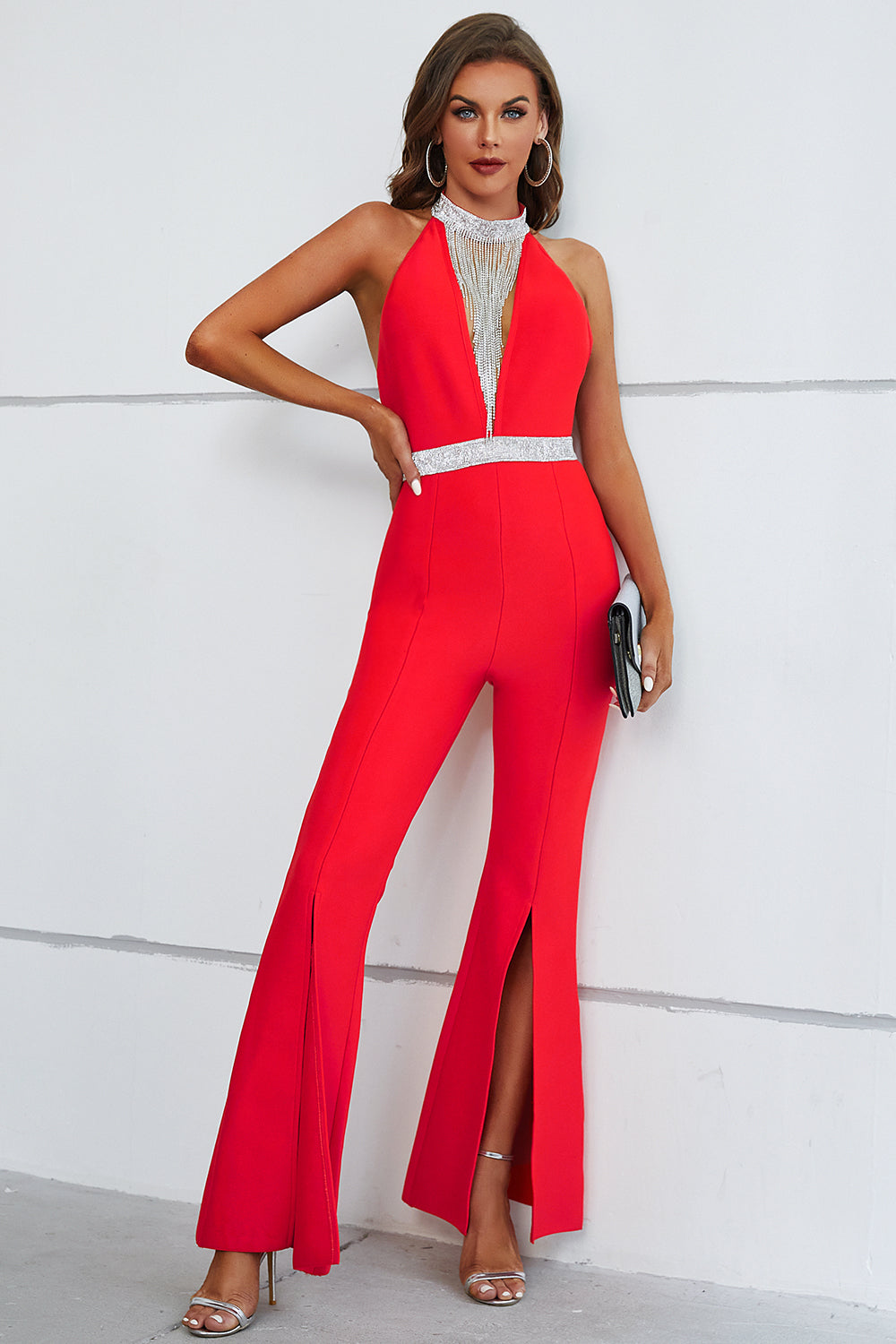 Sesidy Cain High Neck Deep V Jumpsuit in Red