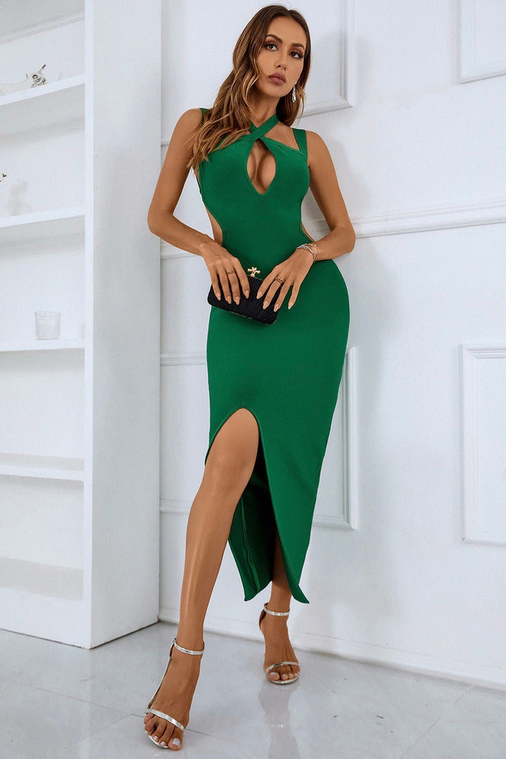 Sesidy Florrie Halter Asymmetric Side Slit Dress in Green