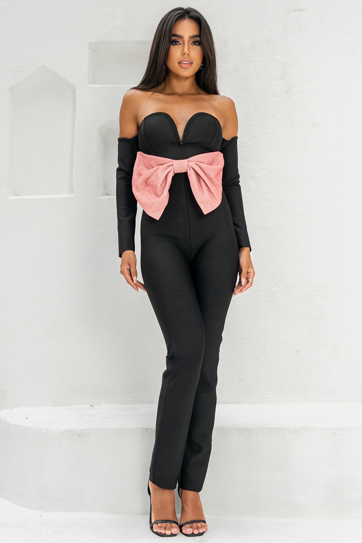 Sesidy Queeni Off Shoulder Ribbon Jumpsuit in Black