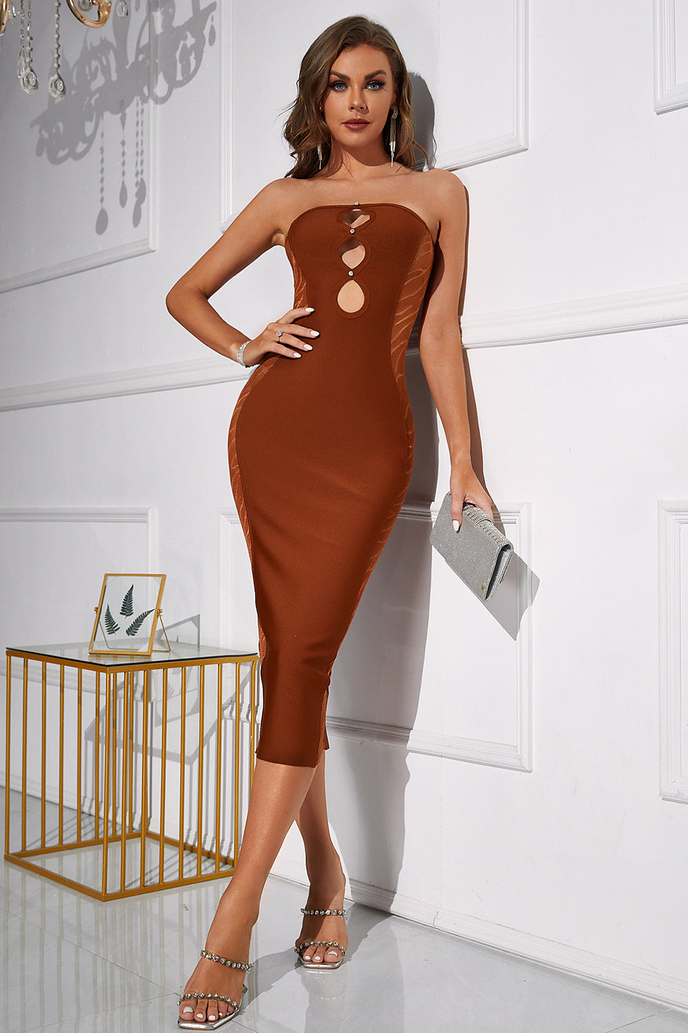 Sesidy Levana Strapless Cut Out Bandage Dress in Brown