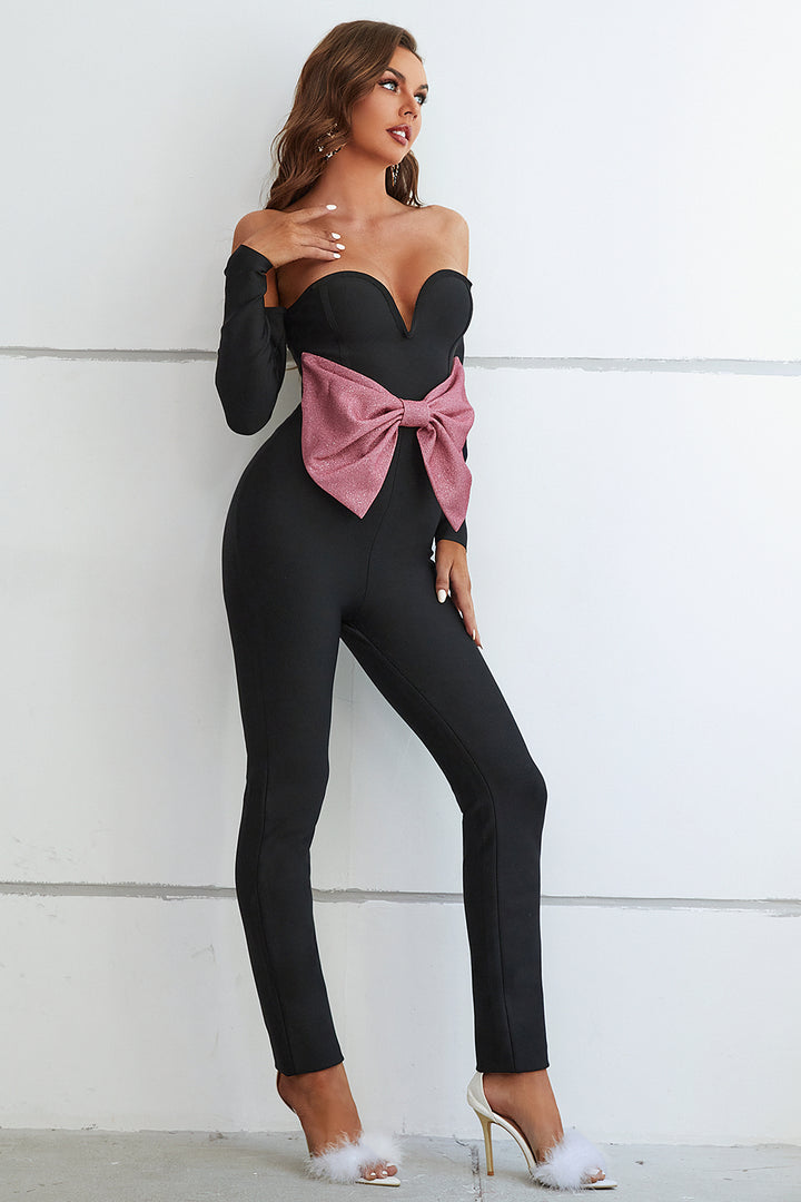 Sesidy Queeni Off Shoulder Ribbon Jumpsuit in Black