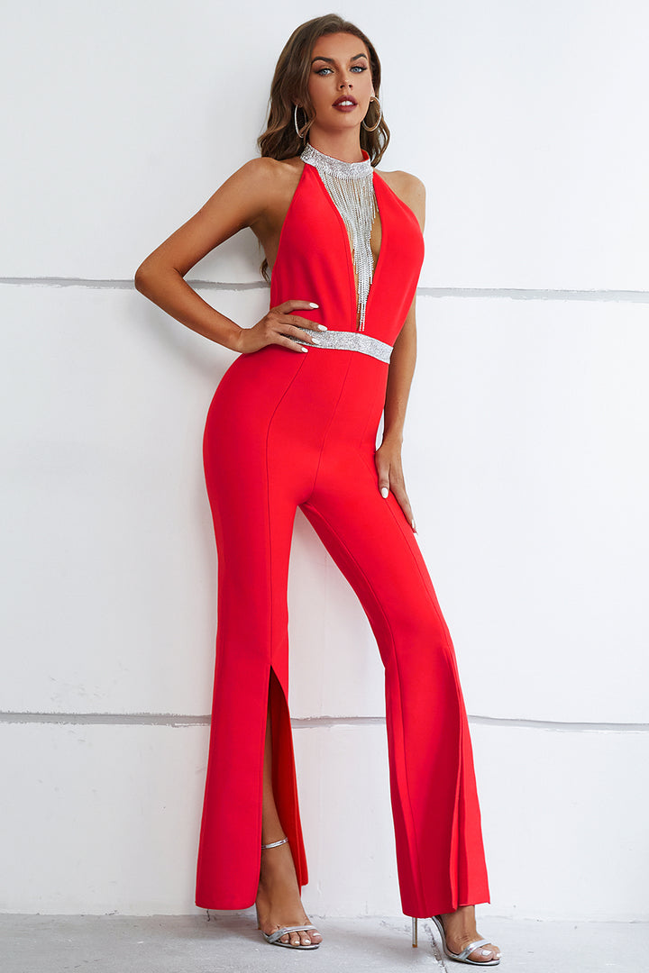 Sesidy Cain High Neck Deep V Jumpsuit in Red