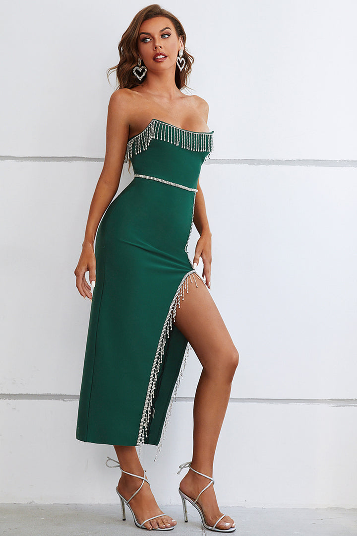 Sesidy Netany Strapless Fringe Long Slit Dress in Green
