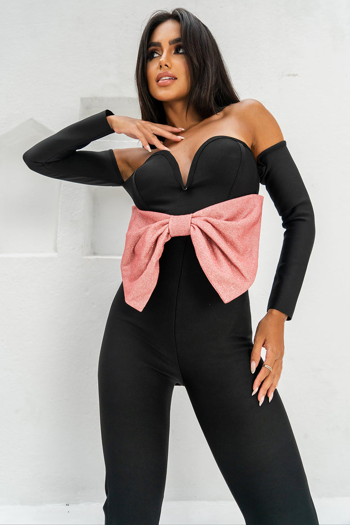Sesidy Queeni Off Shoulder Ribbon Jumpsuit in Black