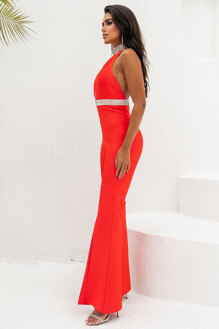 Sesidy-Cain High Neck Deep V Jumpsuit-Women's Clothing Online Store
