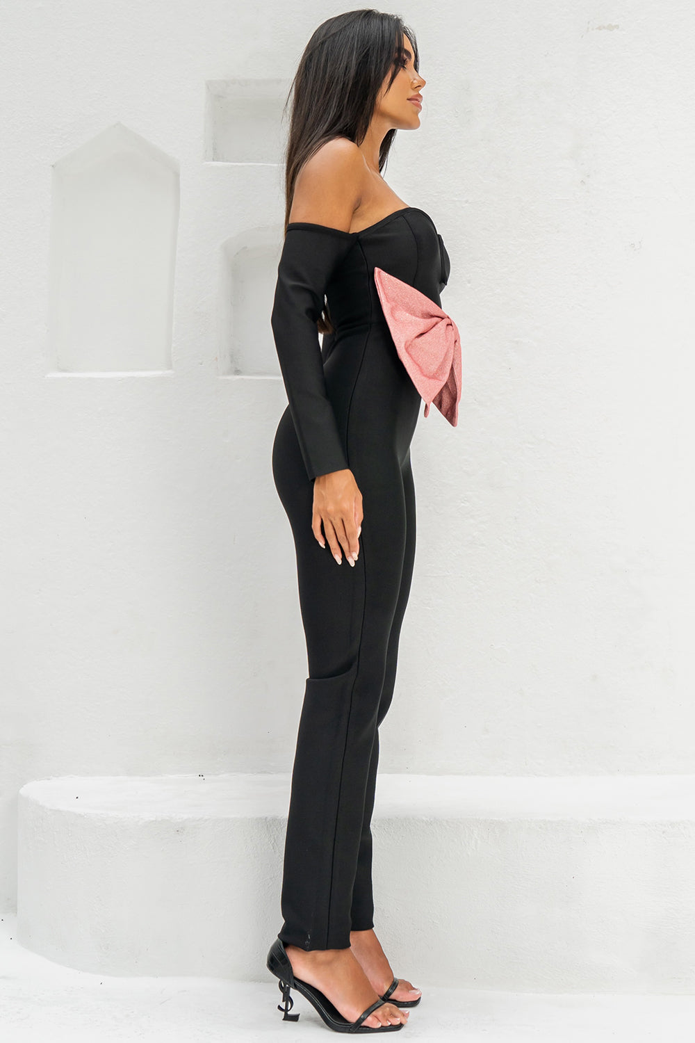 Sesidy Queeni Off Shoulder Ribbon Jumpsuit in Black