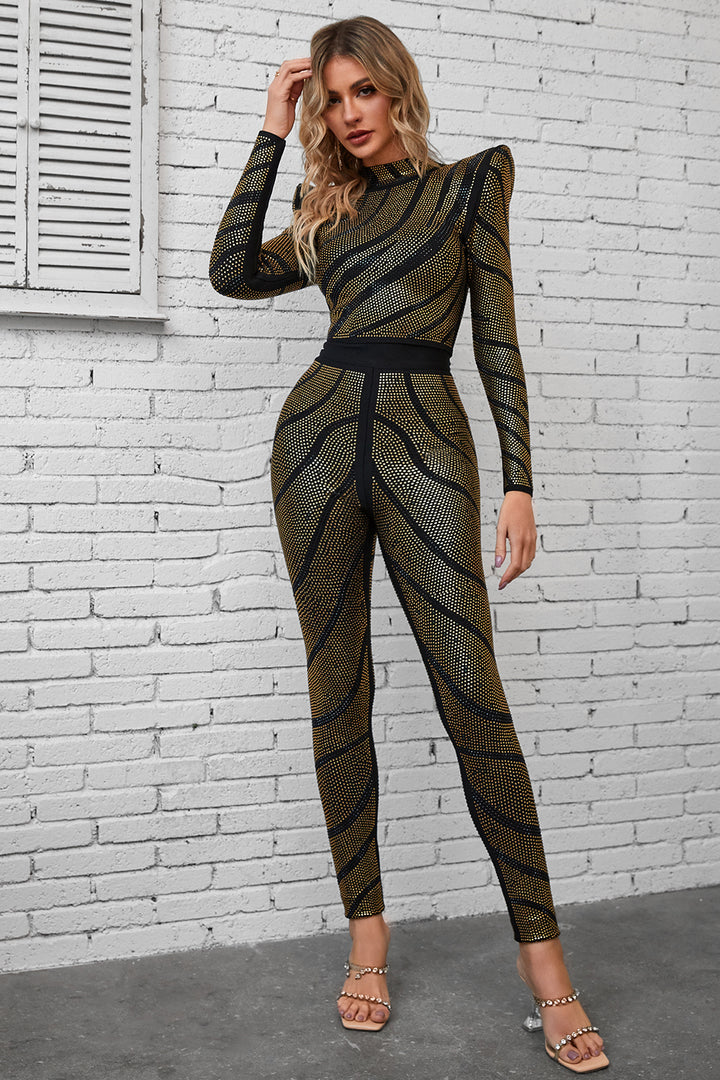 Sesidy-Agatha Long Sleeve Rhinestone Pantsuit-Women's Clothing Online Store