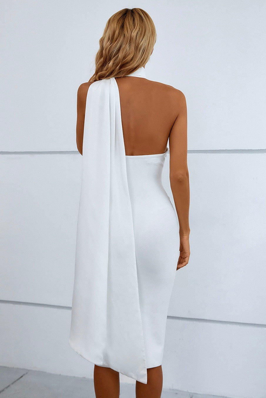 Sesidy Eleanora High Neck Drape Bandage Dress in White