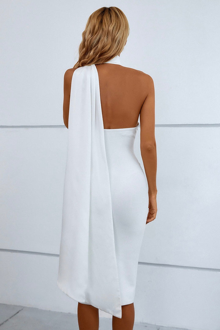 Sesidy Eleanora High Neck Drape Bandage Dress in White