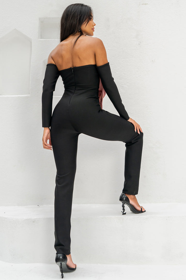 Sesidy Queeni Off Shoulder Ribbon Jumpsuit in Black