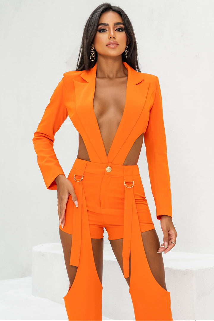 Sesidy Gelsey Collared V-Neck Asymmetric Pantsuits in Orange