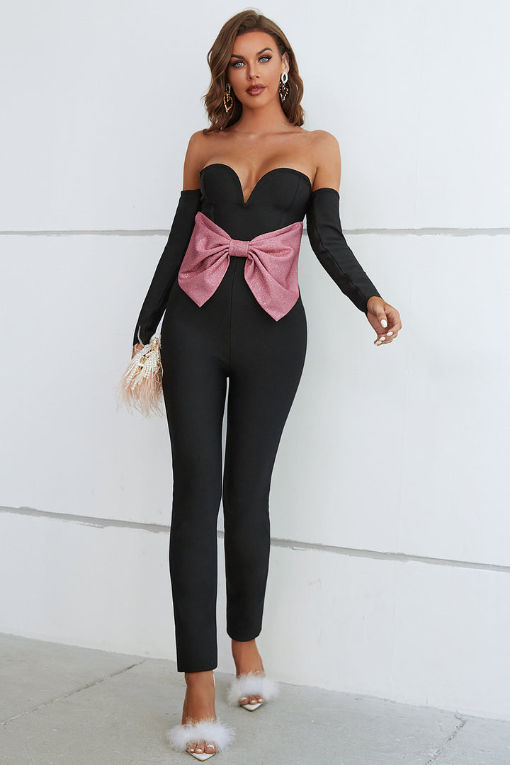 Sesidy Queeni Off Shoulder Ribbon Jumpsuit in Black