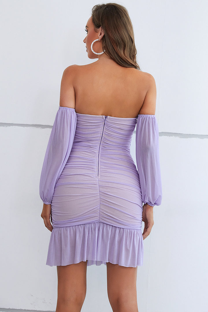 Sesidy Zahara Off Shoulder Mesh Party Dress in Purple