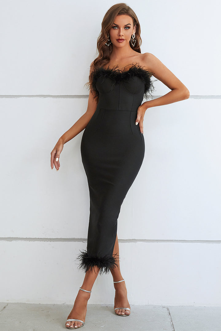 Sesidy Sachi Strapless Feather Midi Evening Dress in Black