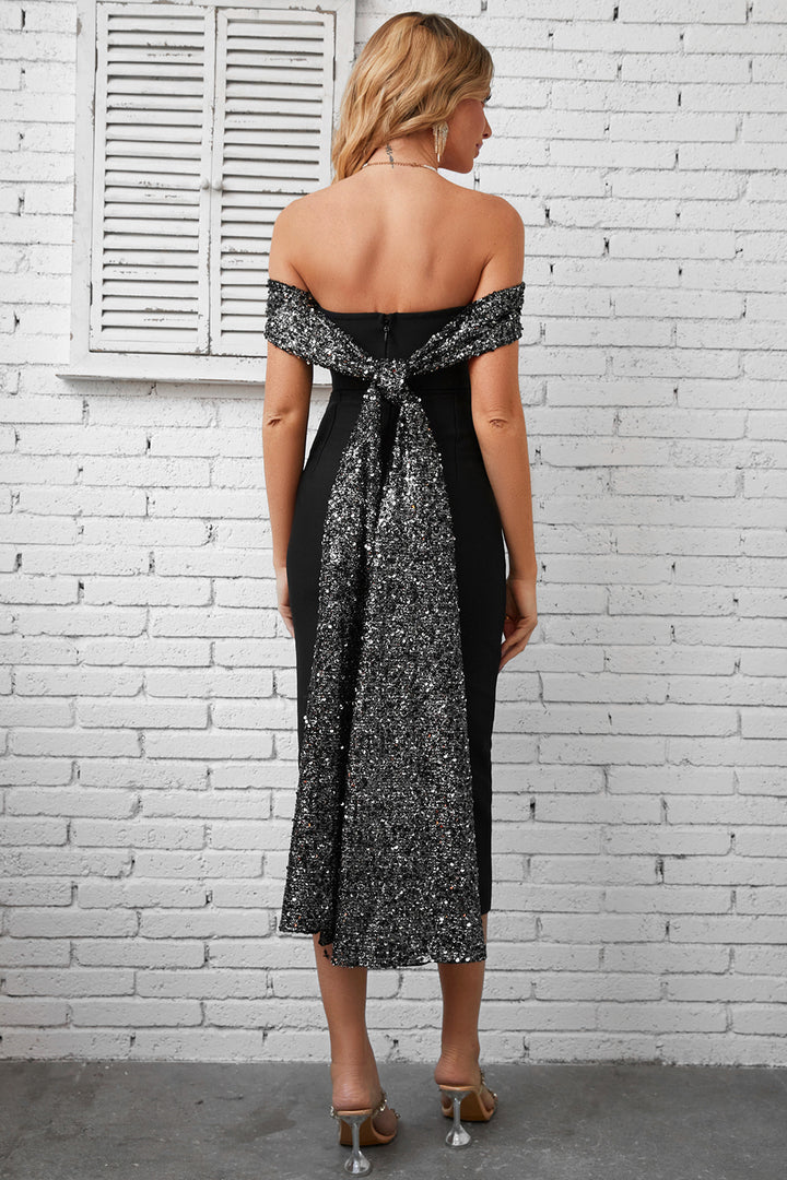 Sesidy Quirita Sequin Back Draped Ribbon Dress in Black