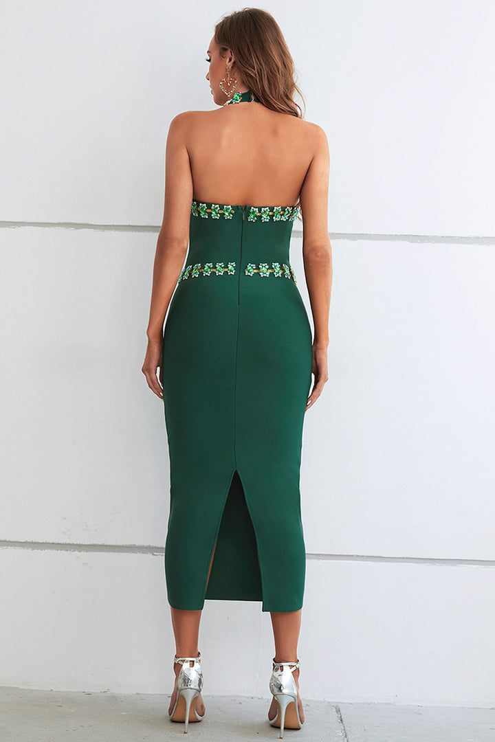 Sesidy Shela Halter Bejeweled Backless Dress in Green