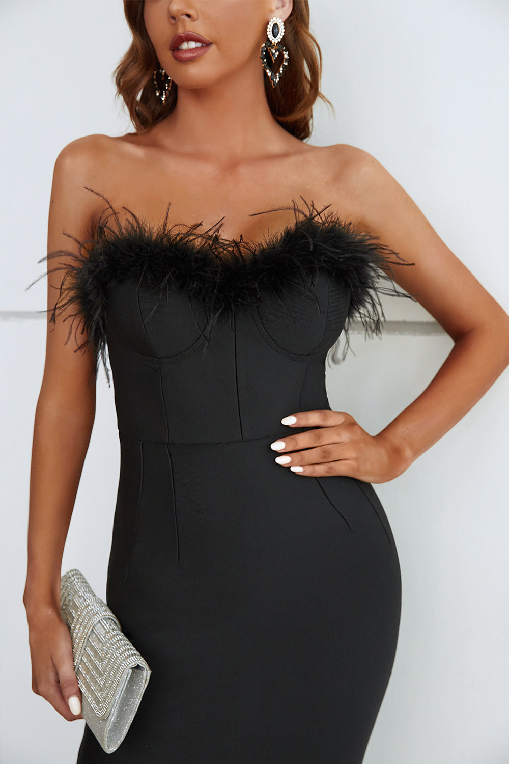 Sesidy Sachi Strapless Feather Midi Evening Dress in Black