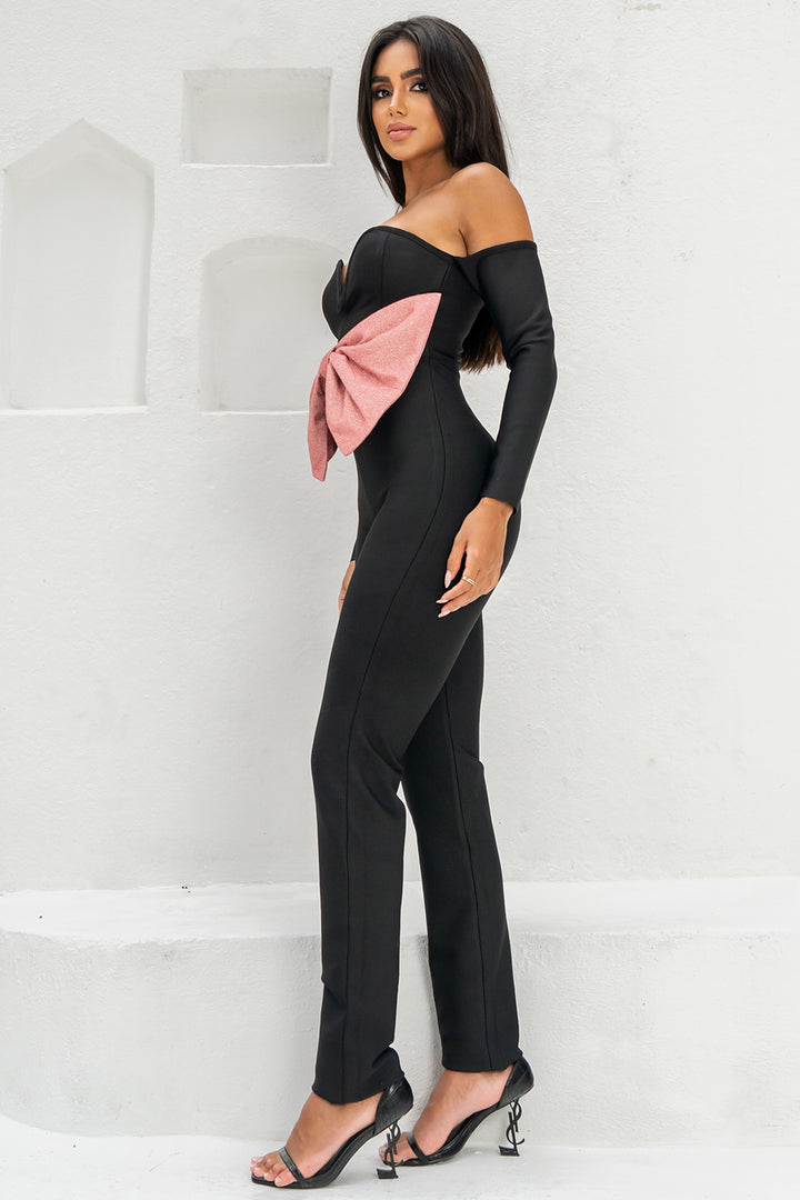 Sesidy Queeni Off Shoulder Ribbon Jumpsuit in Black