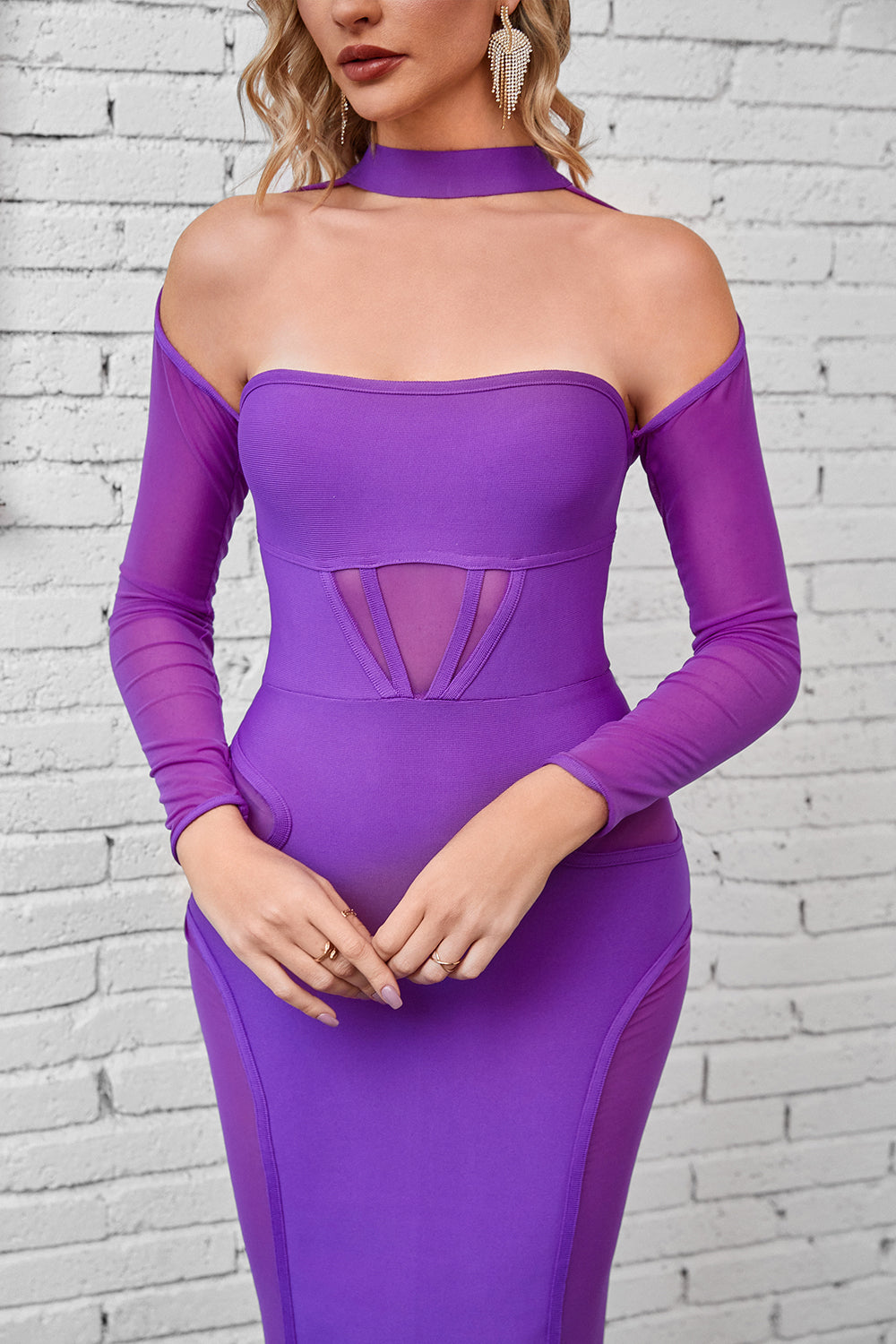 Sesidy Valaris Halter Sheer Bandage Evening Dress in Purple