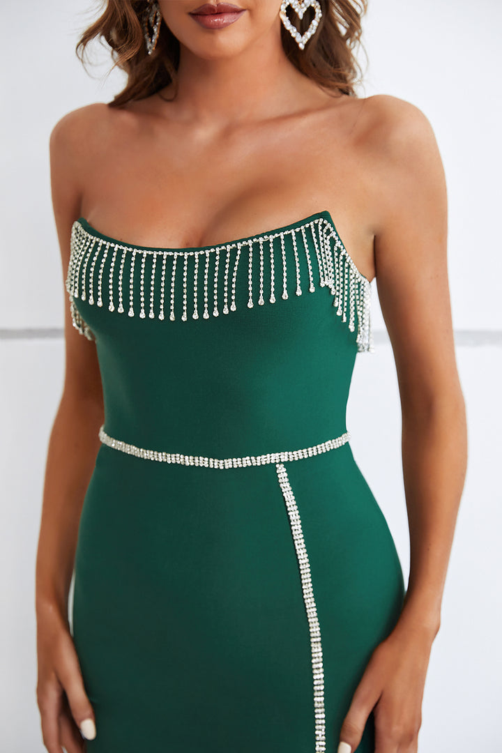 Sesidy Netany Strapless Fringe Long Slit Dress in Green