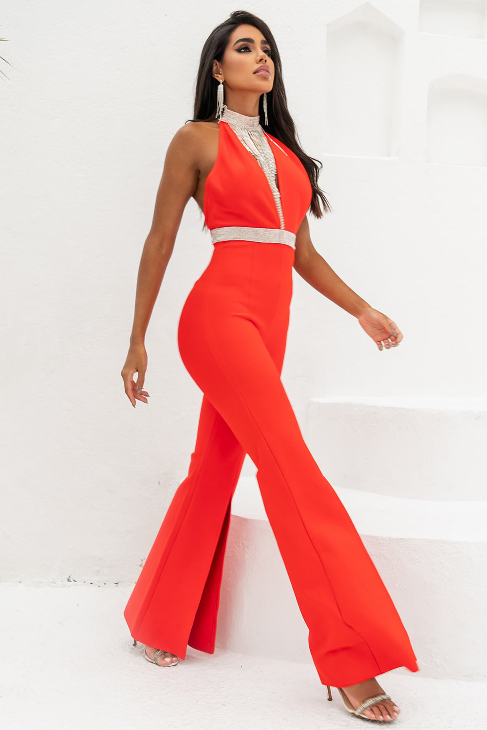 Sesidy-Cain High Neck Deep V Jumpsuit-Women's Clothing Online Store