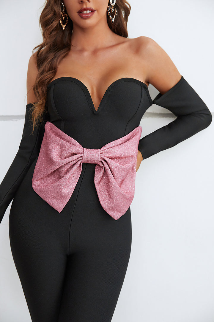 Sesidy Queeni Off Shoulder Ribbon Jumpsuit in Black