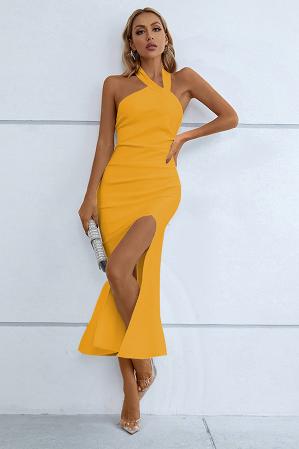 Sesidy Flavia Halter High Split Bandage Dress in Yellow