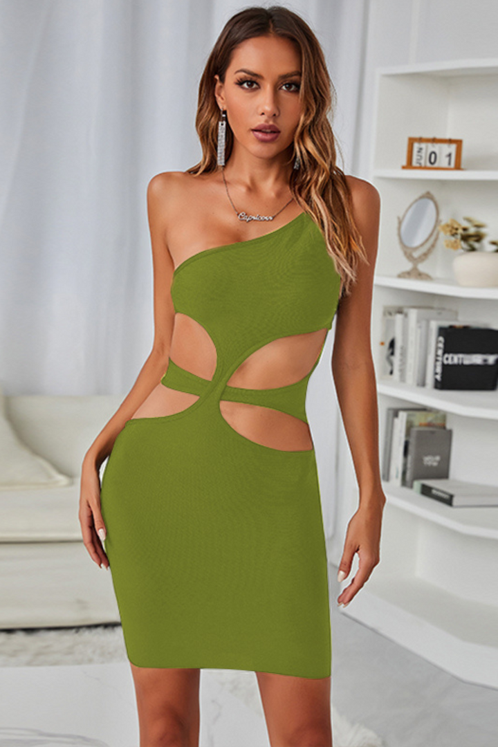 Sesidy Zullia Cut Out One Shoulder Mini Dress in Green