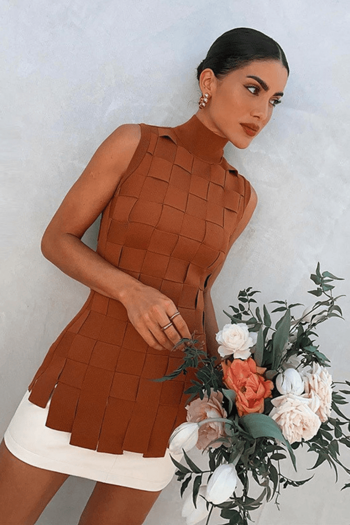 Sesidy Emmy Turtle Neckline Mini Bandage Dress in Brown