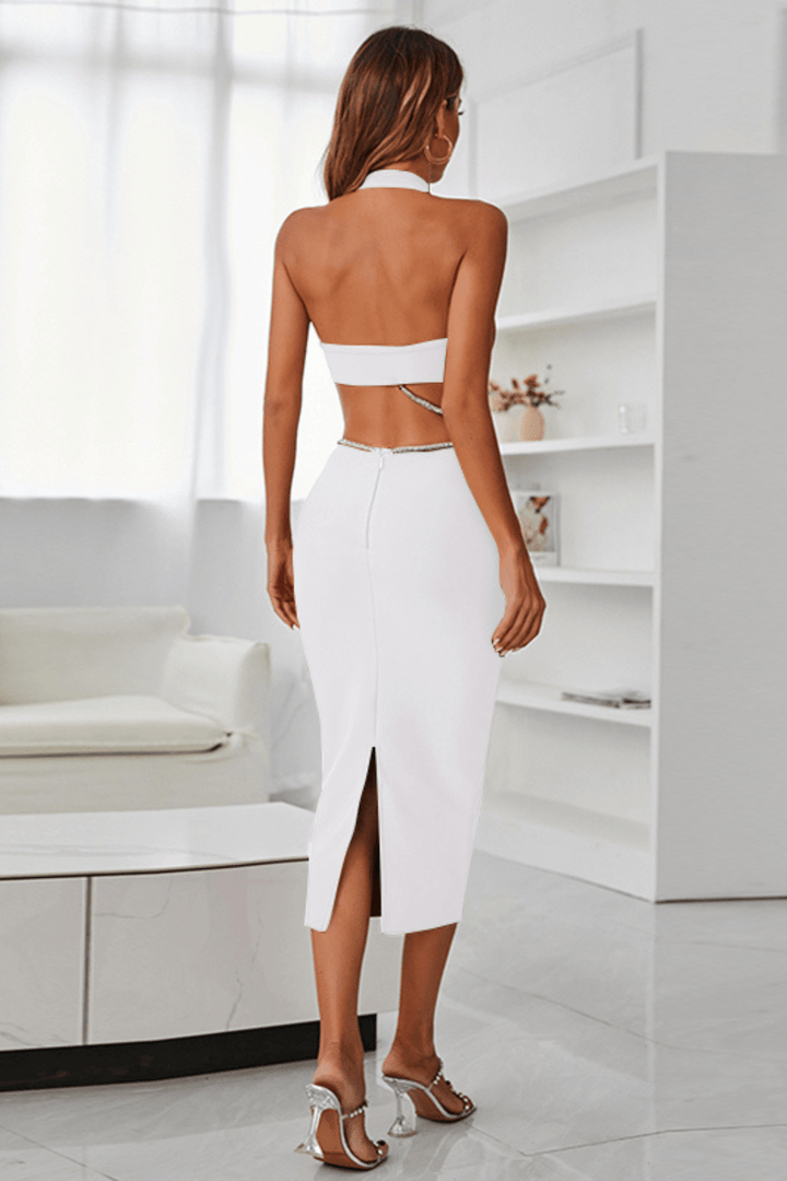Sesidy-Janan Deep V-neckline Cut Out Midi Dress-Women's Clothing Online Store