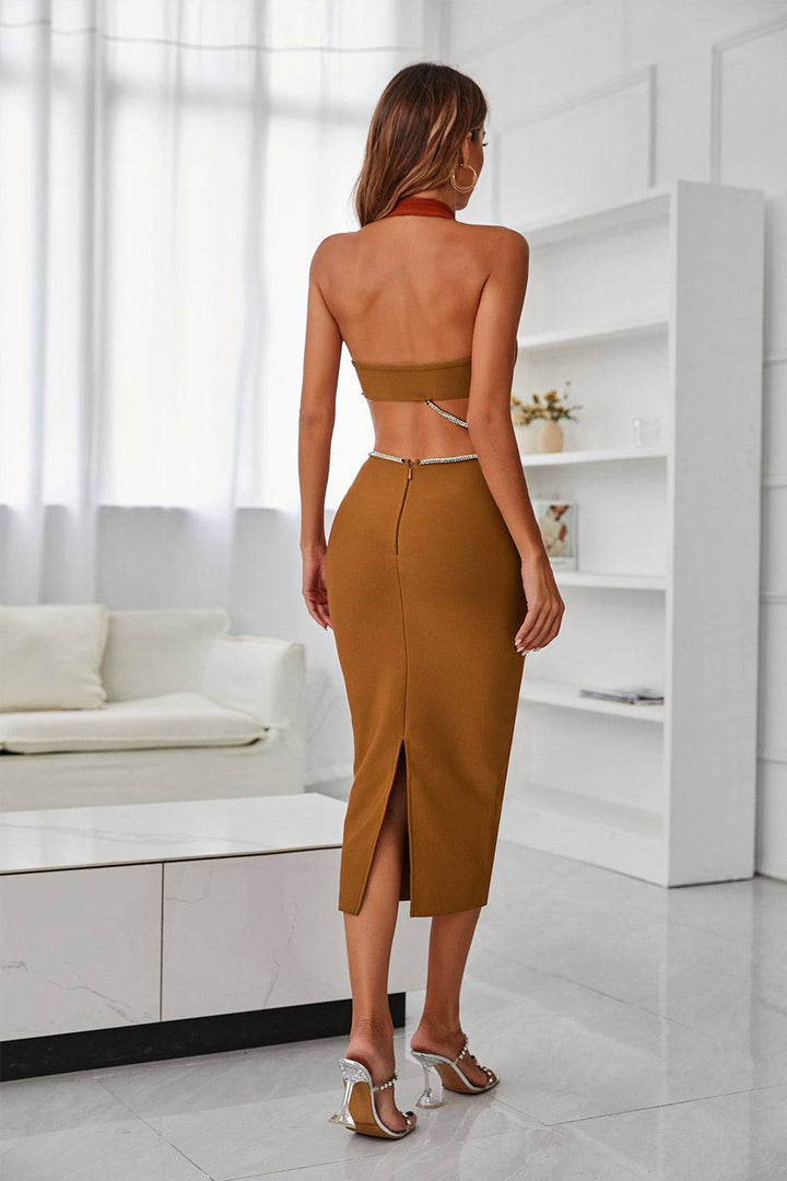 Sesidy-Janan Deep V-neckline Cut Out Midi Dress-Women's Clothing Online Store
