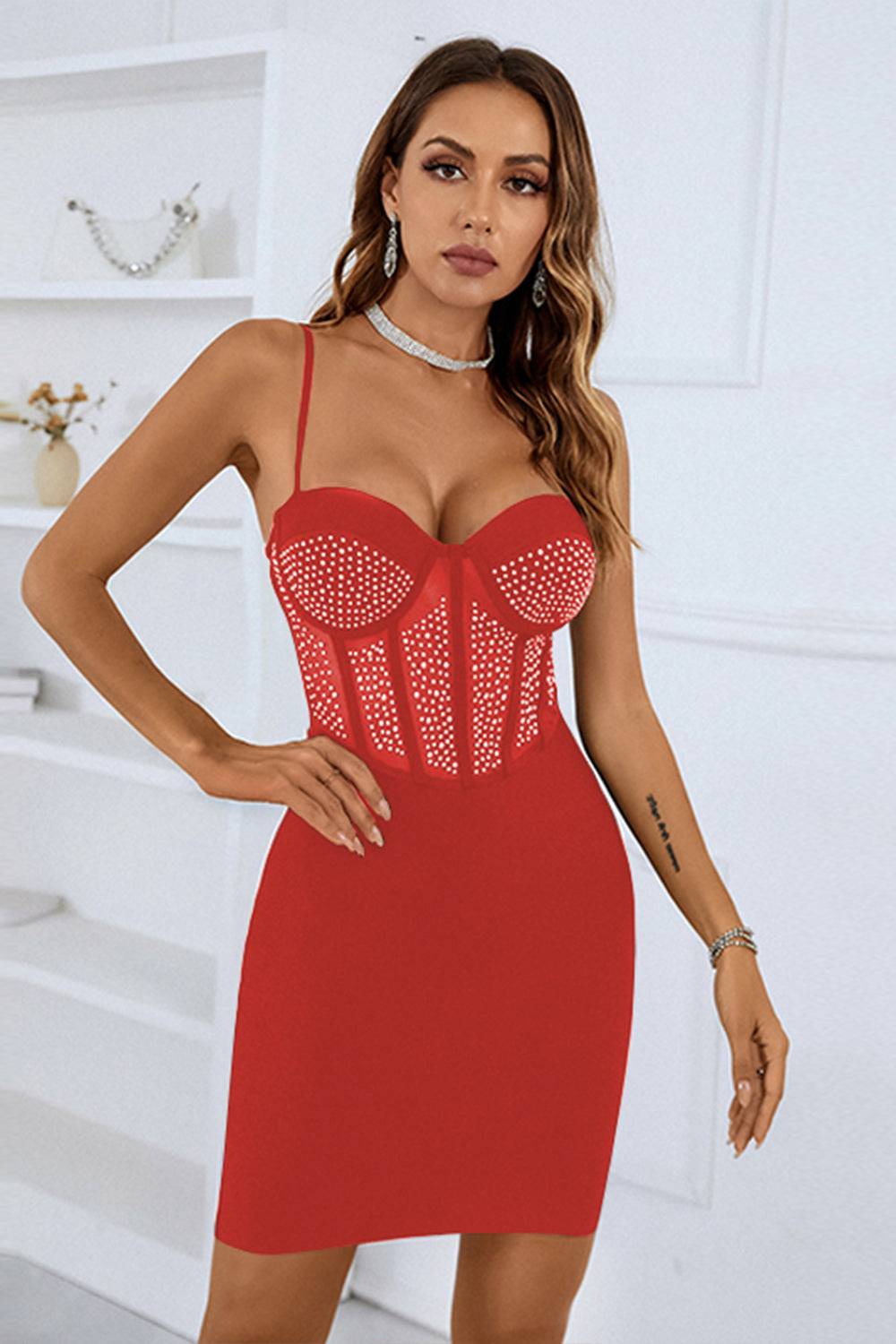 Sesidy Verneya Sweetheart Diamante Mesh Dress in Red