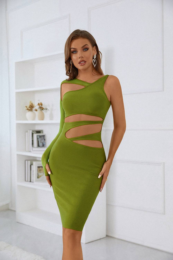 Sesidy Tim Asymmetric Cut Out Midi Dress in Green
